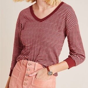 Anthropologie Burgundy Striped 3/4 Sleeve Tee